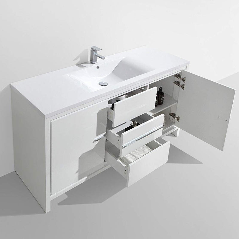 Eviva Grace 60" Glossy White Single Sink Bathroom Vanity w/ White Integrated Top
