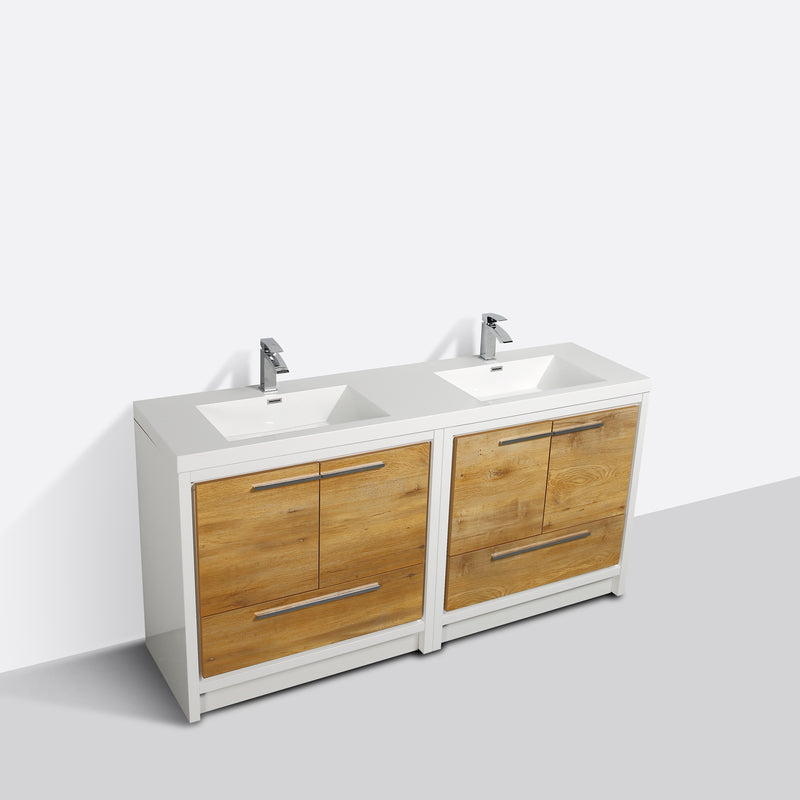 Eviva Grace 72" Natural Oak/White Double Sink Bathroom Vanity w/ White Integrated Top