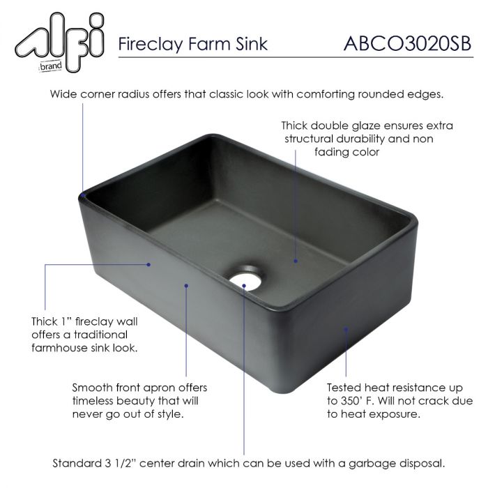 ALFI brand ABCO3020SB Concrete Color 30 inch Reversible Single Fireclay Farmhouse Kitchen Sink