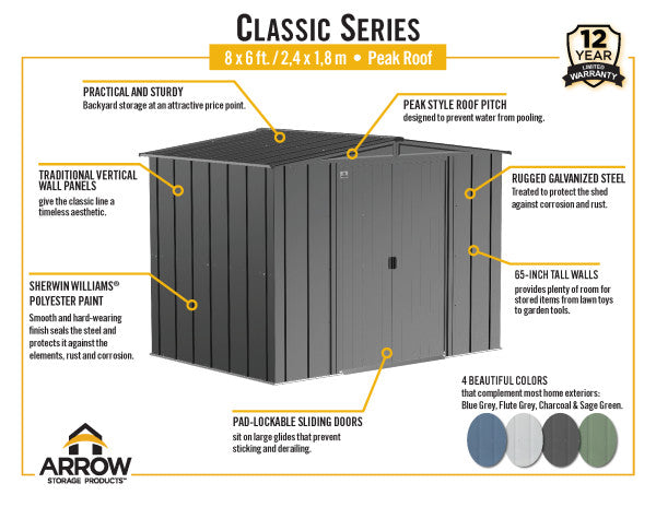 Shelter Logic Arrow Classic Steel Storage Shed, 8x6, Charcoal