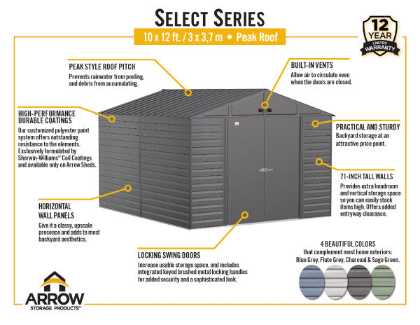 Shelter Logic Arrow Select Steel Storage Shed, 10x12, Flute Grey